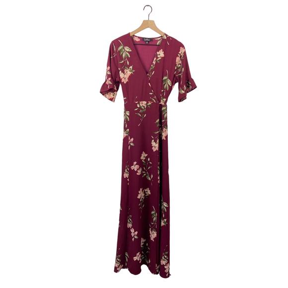 Lulu’s burgundy red floral short sleeve v-neck maxi - Picture 3 of 8